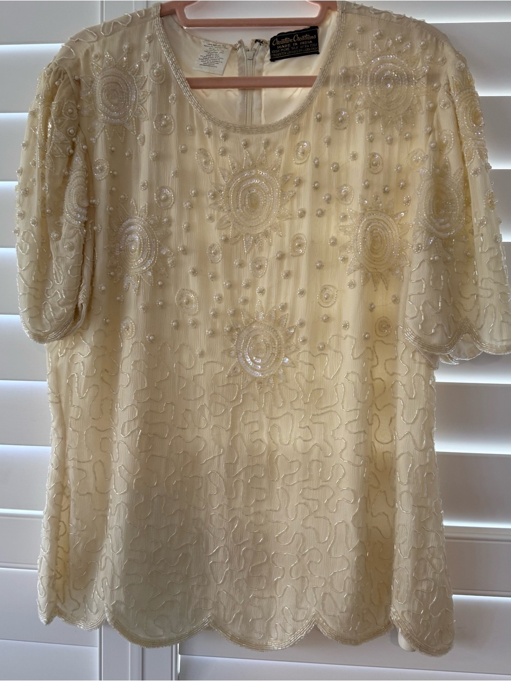 Creative Creations Silk Beaded Top Vintage Ivory Pearl Sequin India M